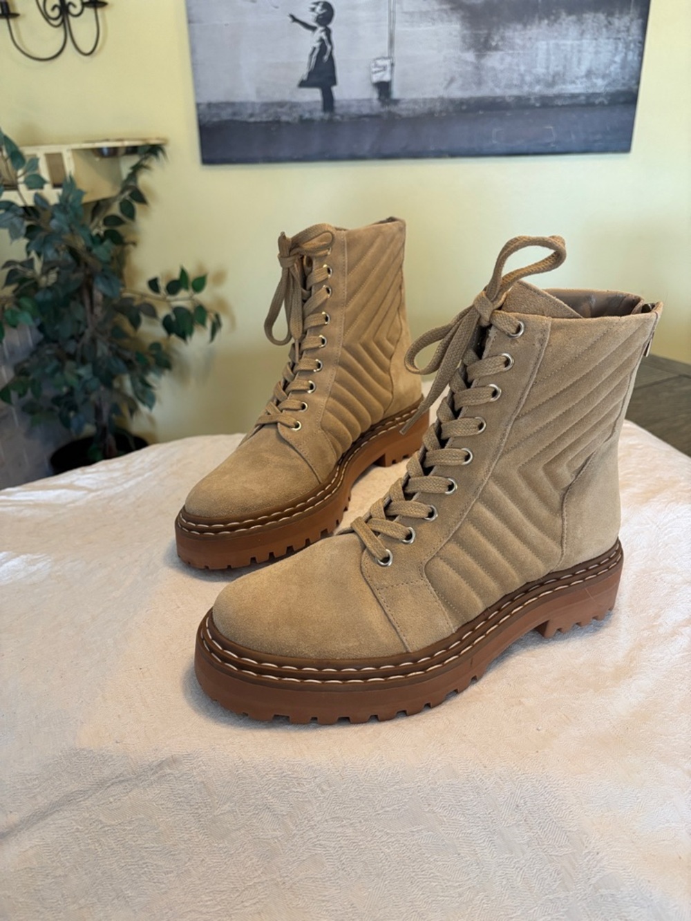 Vince Camuto Tan Suede Quilted Lace-Up Platform Boots